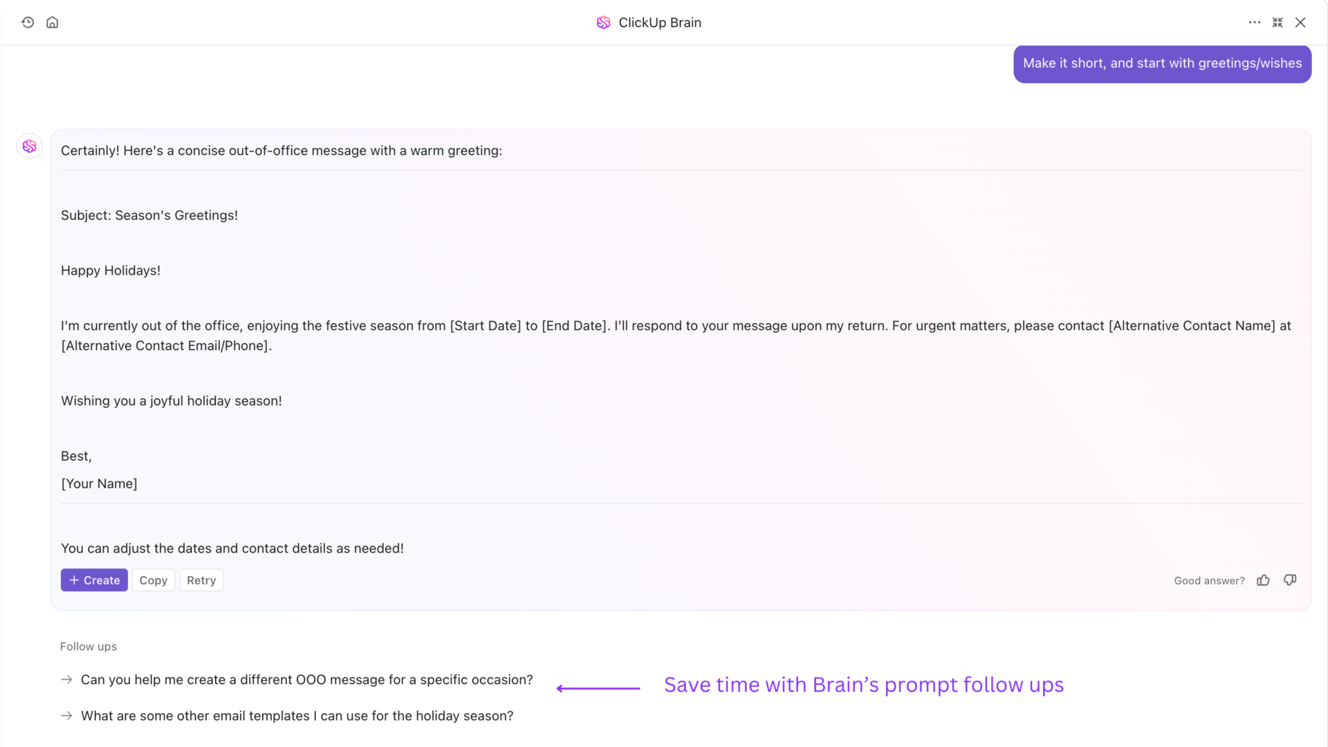 Use ClickUp Brain to smartly generate personalized OOO messages