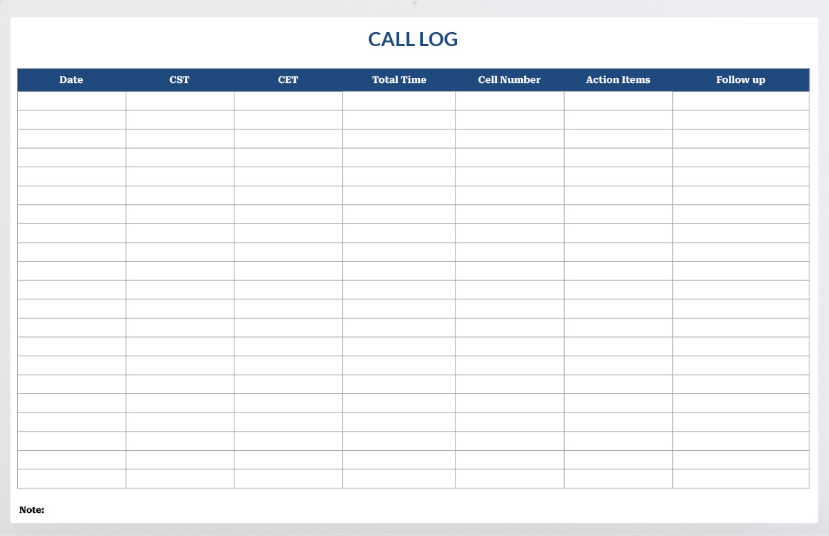 Simple call log template excel by Template.net