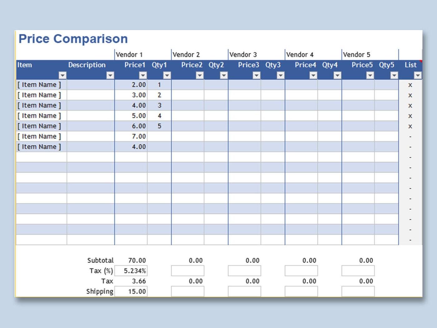 Simple Price Comparison Excel Template Purchase Chart by WPS Template