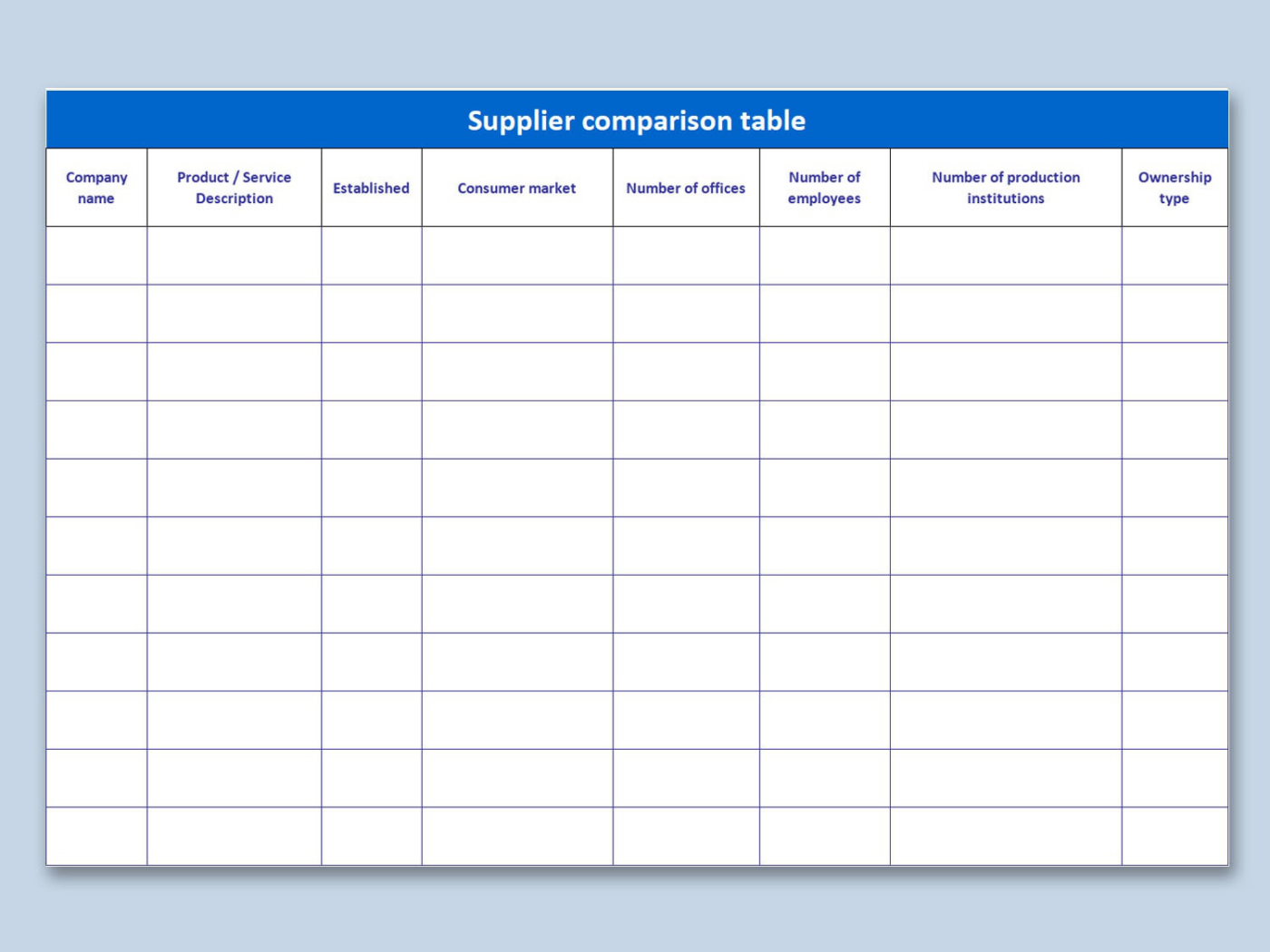 Supplier Comparison Table vendor list template excel by WPS