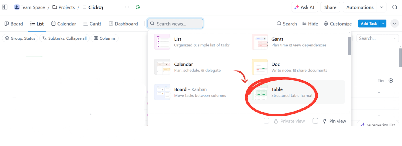 Select Table from the list of options : how to make an Excel spreadsheet