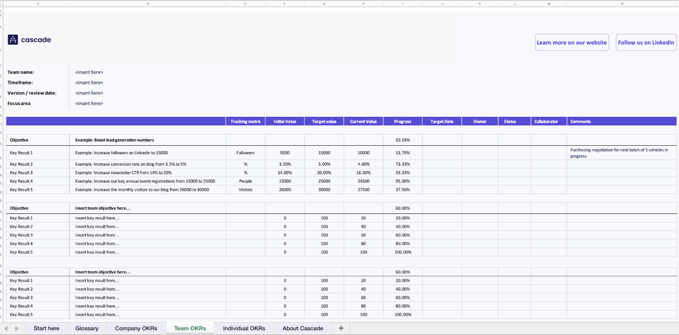 캐스케이드의 Excel OKR 템플릿