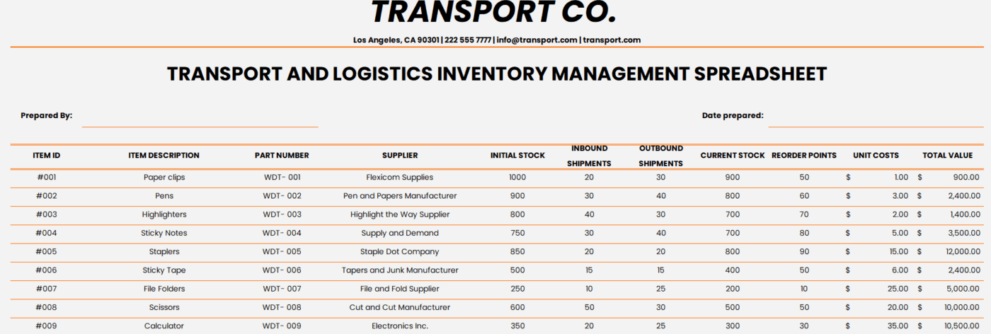 Transport and Logistics Inventory Management Spreadsheet Template by Template.net: excel inventory template