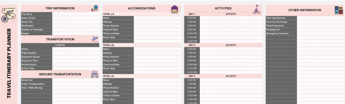 Travel Planner itinerary template excel by TEMPLATE.NET