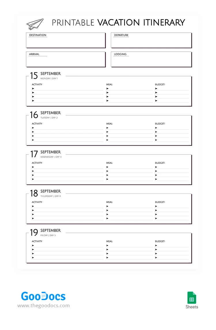 Vacation Itinerary Travel Itinerary Template by GooDocs