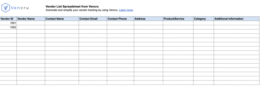 Vendor list template by Vencru