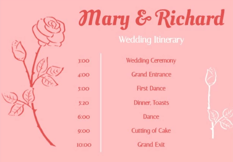 Wedding itinerary template excel by TEMPLATE.NET