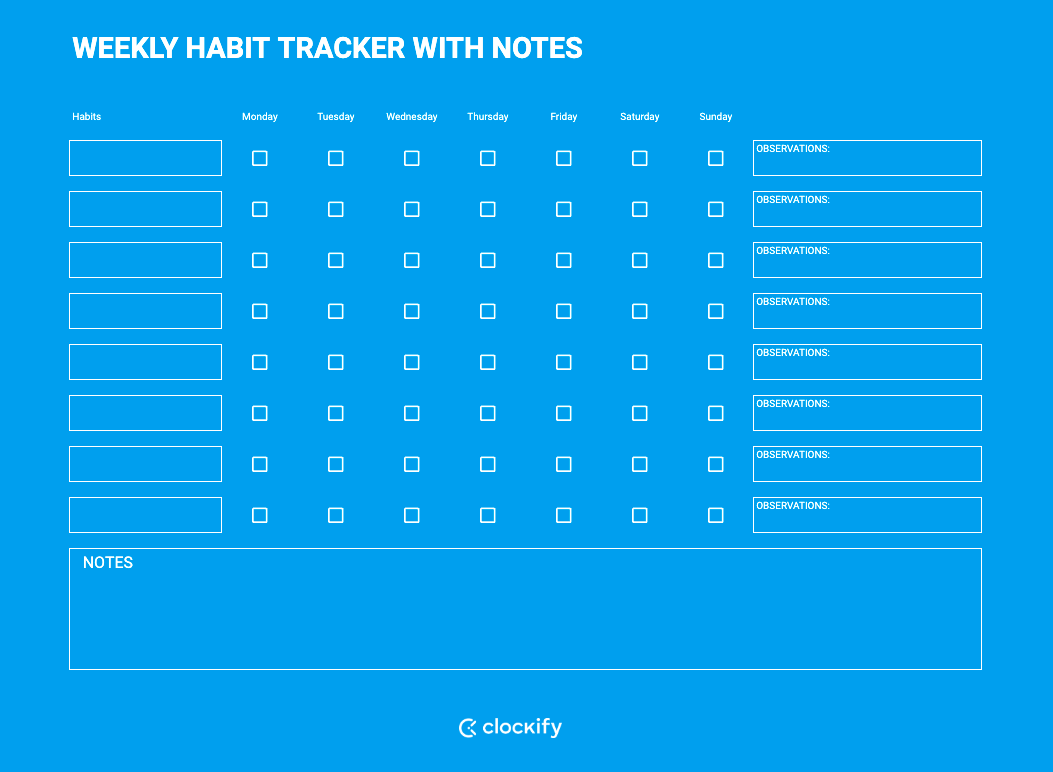 Weekly Habit Tracker Template with Notes: habit tracker template google sheets
