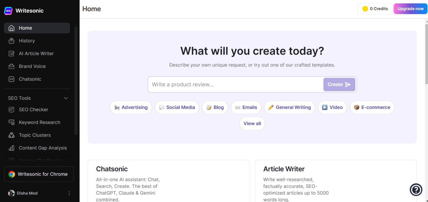 Writesonic Dashboard: AI Blog Writer