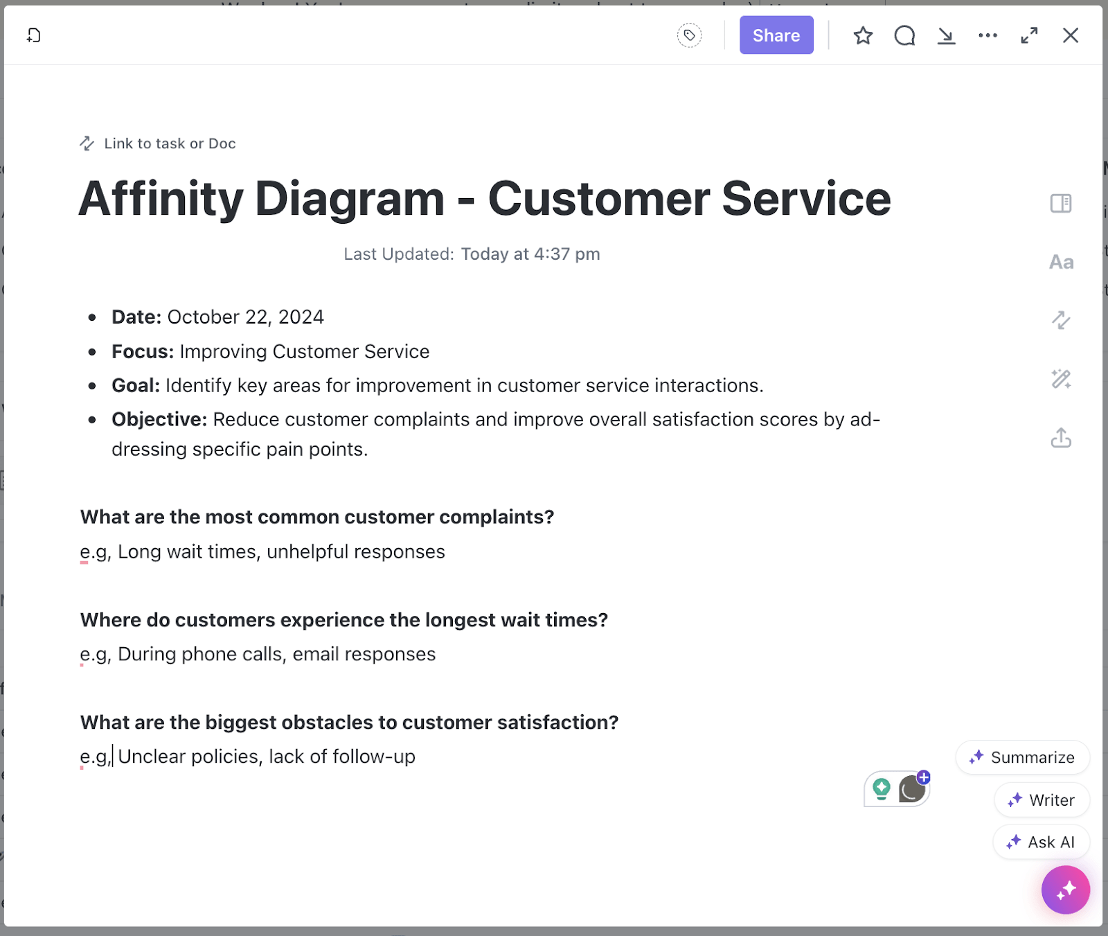 Brainstorm and group ideas to develop effective solutions with the free ClickUp Affinity Diagram Template