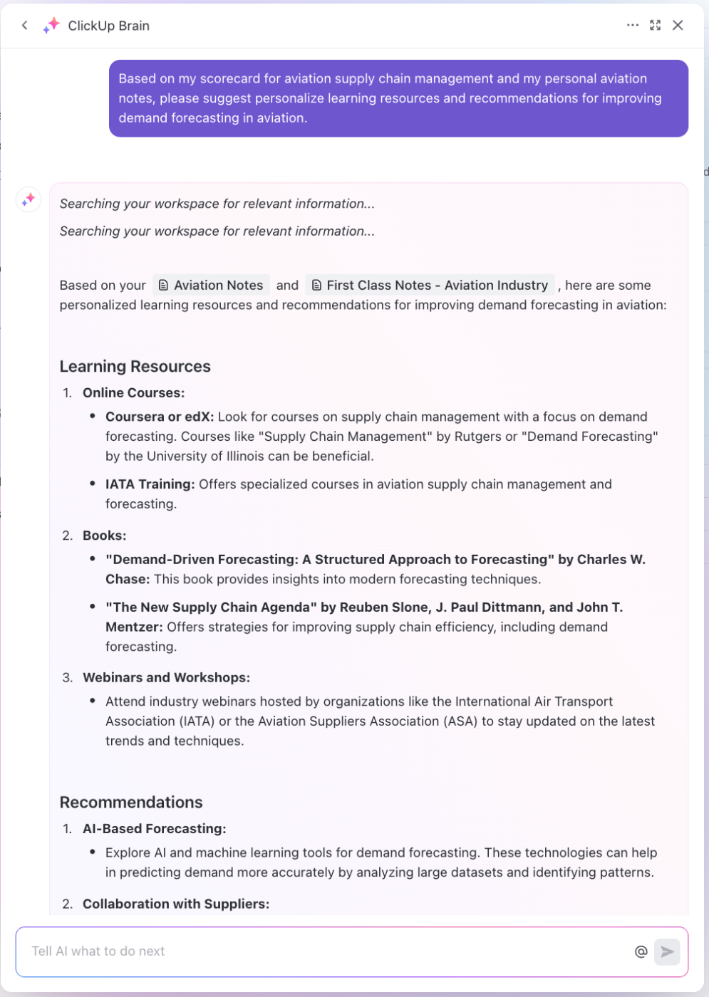 IA per la presa di note: Personalizzare i contenuti e le raccomandazioni per l'apprendimento con ClickUp Brain