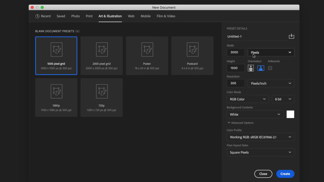 Preset canvas settings in Adobe Photoshop : How to Draw in Photoshop