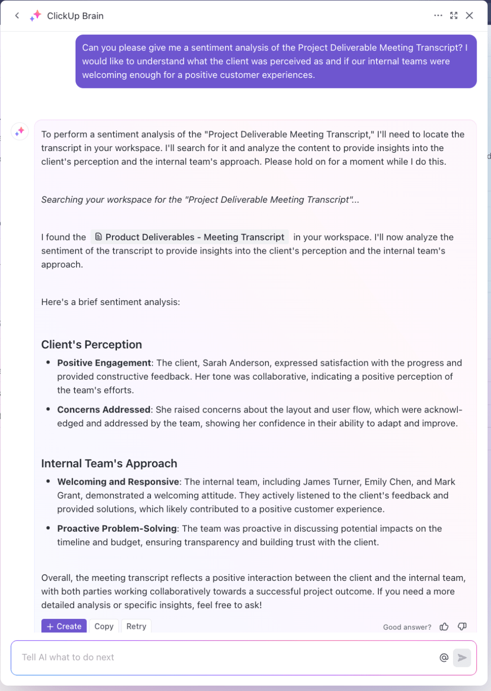 IA per la presa di note: Analizzare i sentimenti, creare intuizioni sulle relazioni del team e guidare le esperienze dei clienti con ClickUp Brain