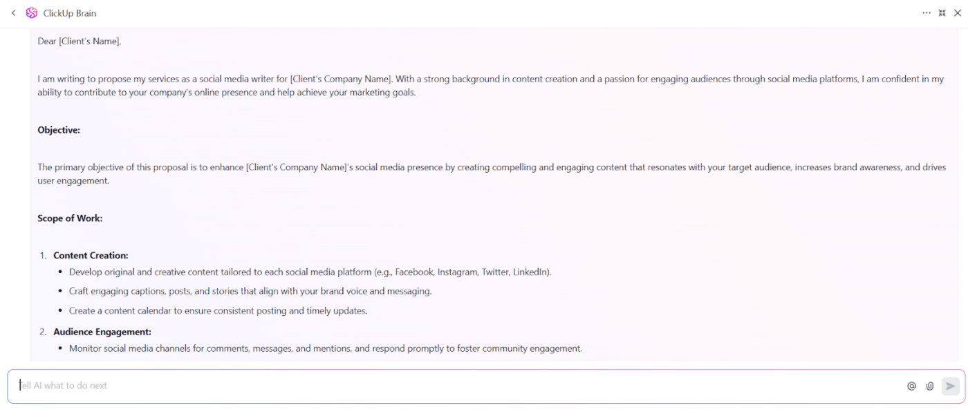 Erstellen Sie mit ClickUp Brain überzeugende Angebote, die den Anforderungen Ihres potenziellen Clients entsprechen