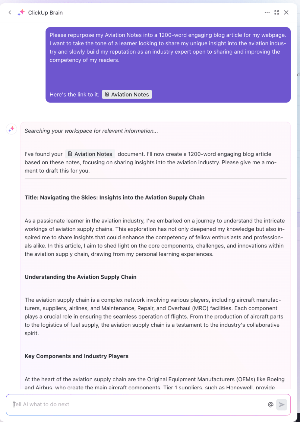 IA per la presa di note: Trasformate le vostre note in articoli di blog, script video e persino presentazioni all'interno dell'infinita tela di ClickUp Brain