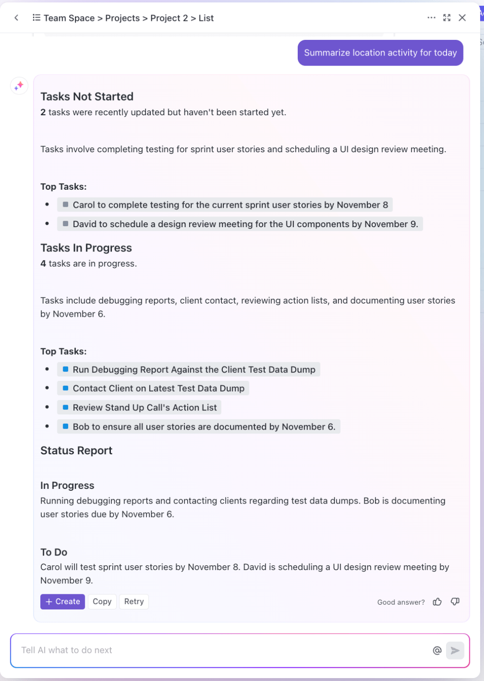 IA per la presa di note: Traccia e gestisce senza problemi le attività e i punti d'azione dalle note delle riunioni con ClickUp Brain