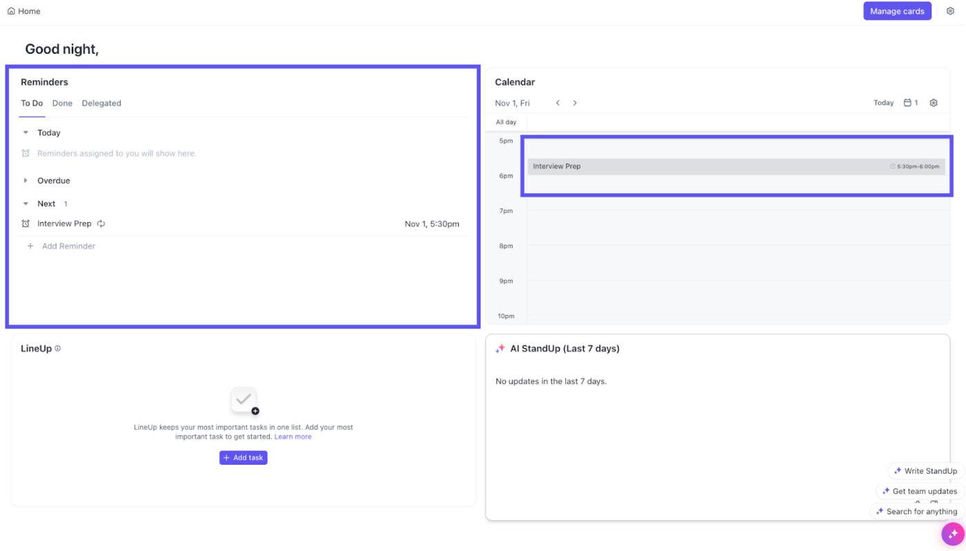 Accesso immediato alle promemoria e agli orari dalla dashboard di ClickUp