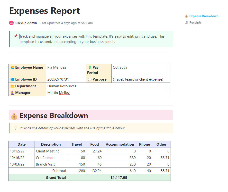 ClickUp expenses report