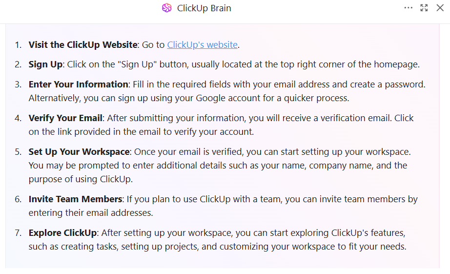 We asked ClickUp Brain to describe the signup process for ClickUp using the expository style