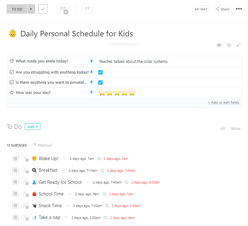 ClickUp Daily Personal Schedule for Kids Template