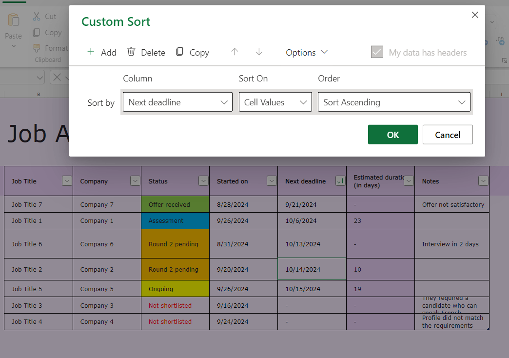 Customize Worksheet: job application tracker excel