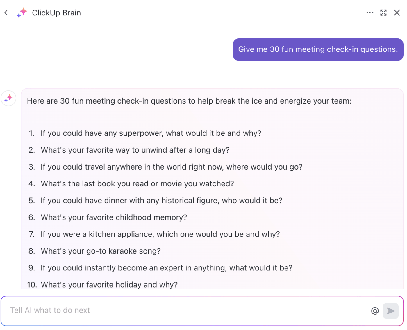 ClickUp Brain: check in questions
