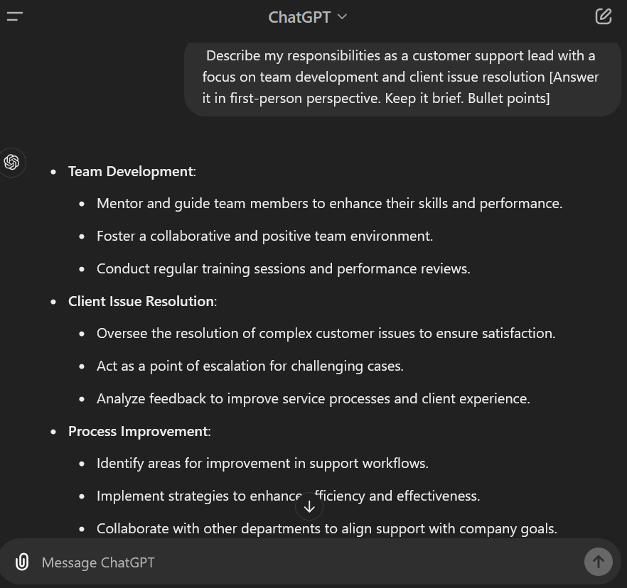 Descripe responsibilities with skills prompt: chatgpt resume prompts
