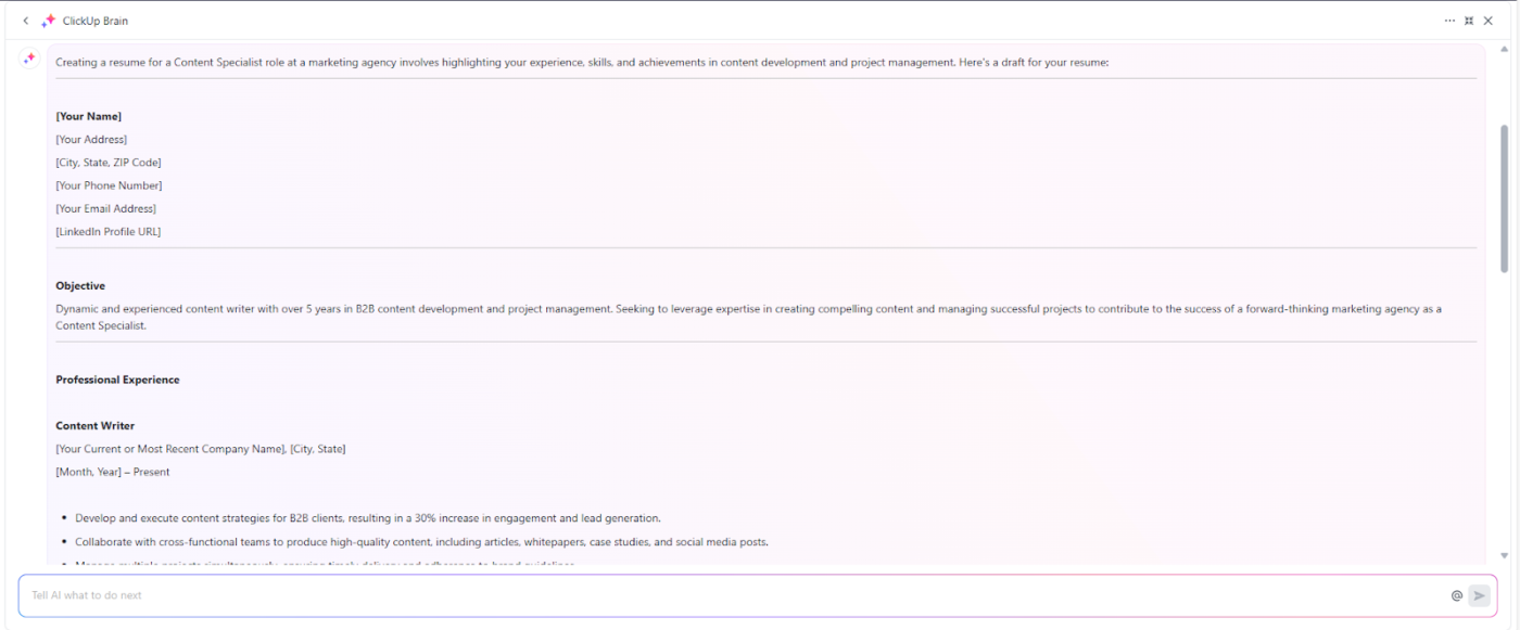ClickUp Brain: chatgpt resume prompts
