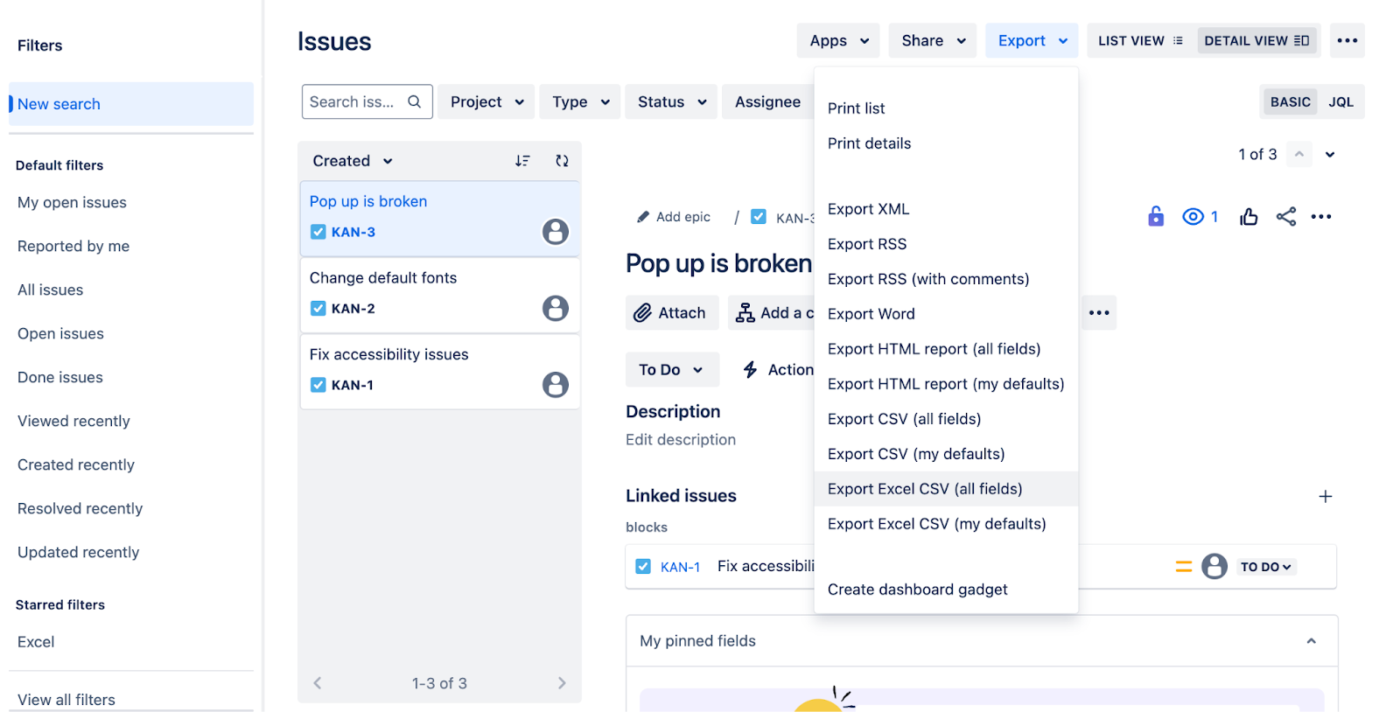 Export Excel CSV Option: how to export jira to excel