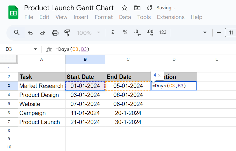 Calculation Duration: google sheets gantt chart