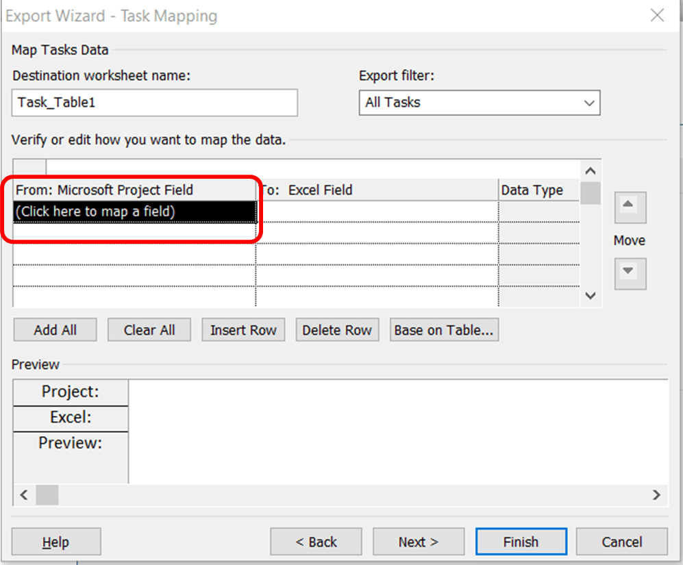 Create field map
 how to export ms project to excel