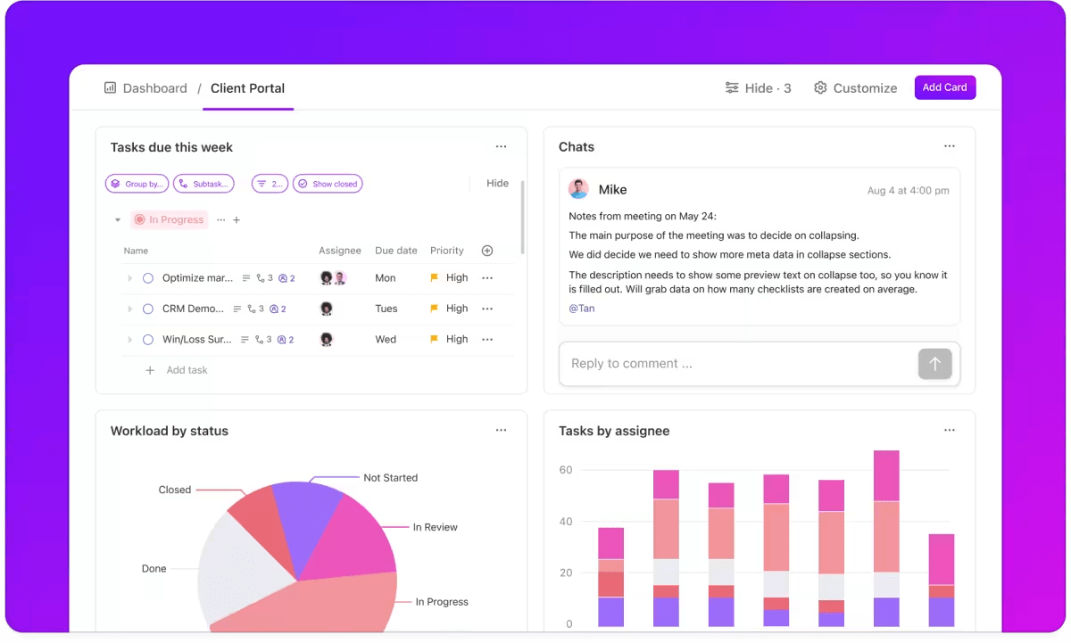 ClickUp dashboard for client portal