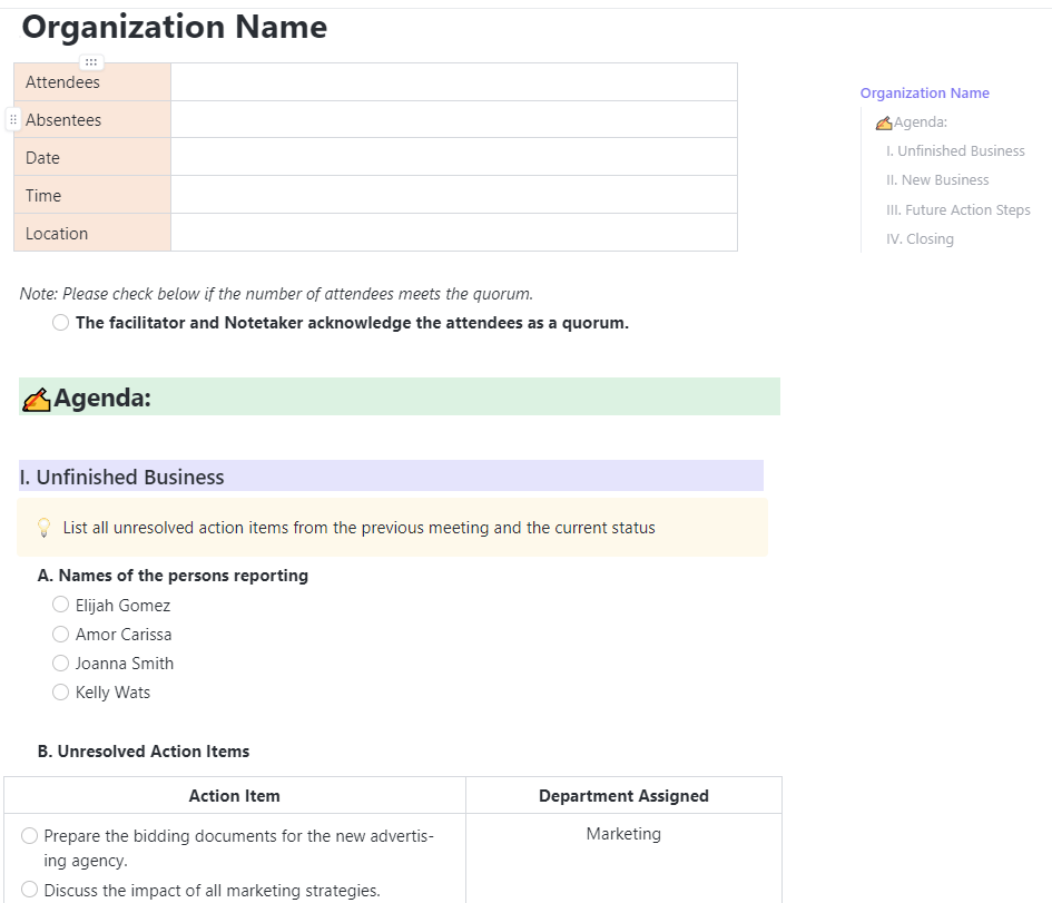 ClickUp Board Minutes Template