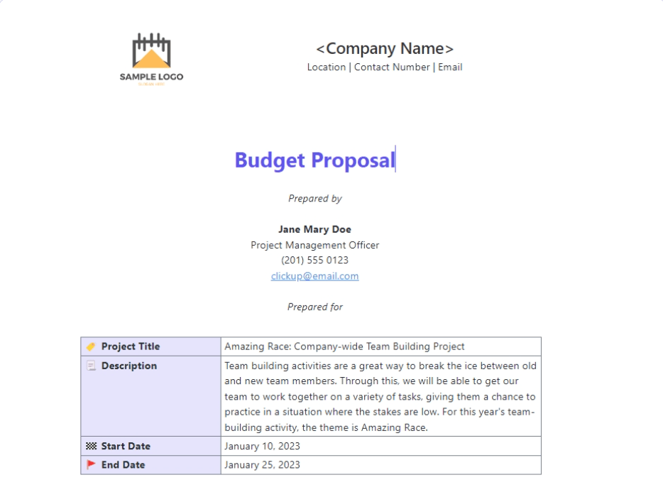 ClickUp Budget Proposal Template