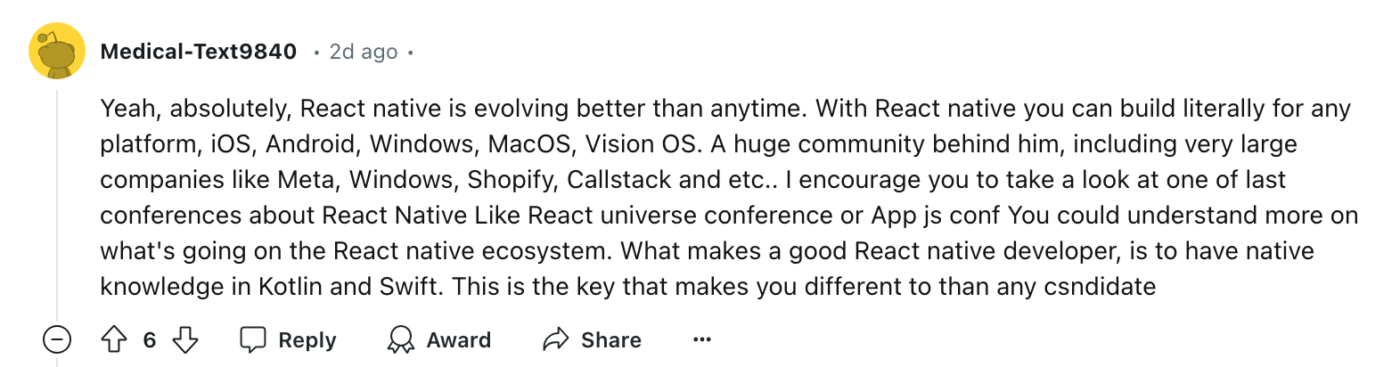 User's comment on React Native