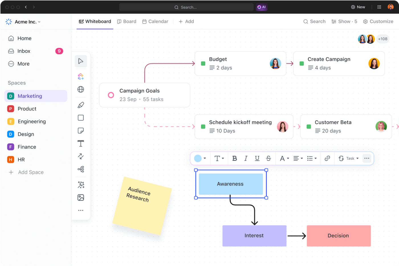 Brainstorm visually and turn your best ideas into tasks with ClickUp Whiteboards 