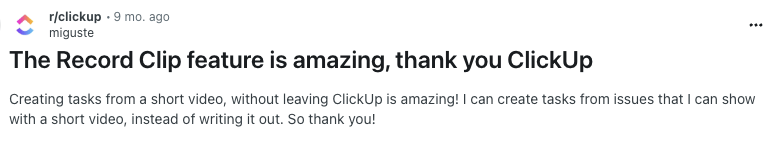 Reddit user's comment on ClickUp Clips