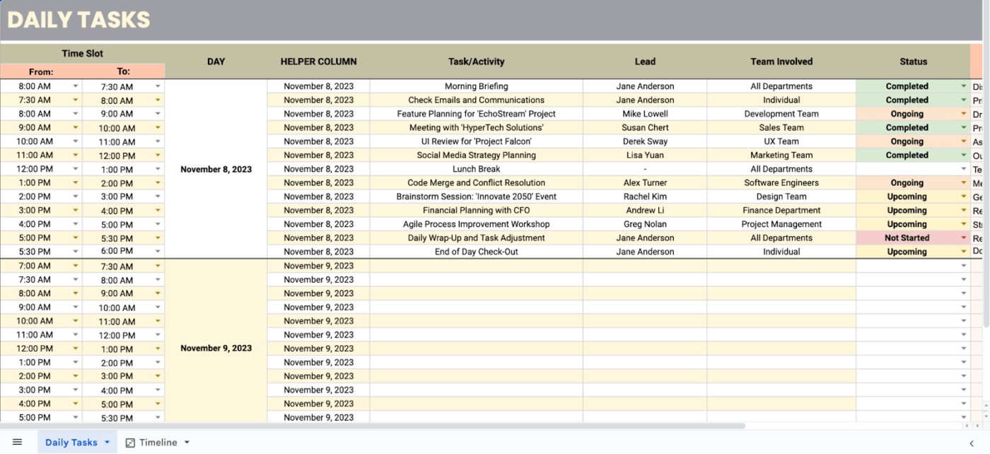 Daily Timeline Template 