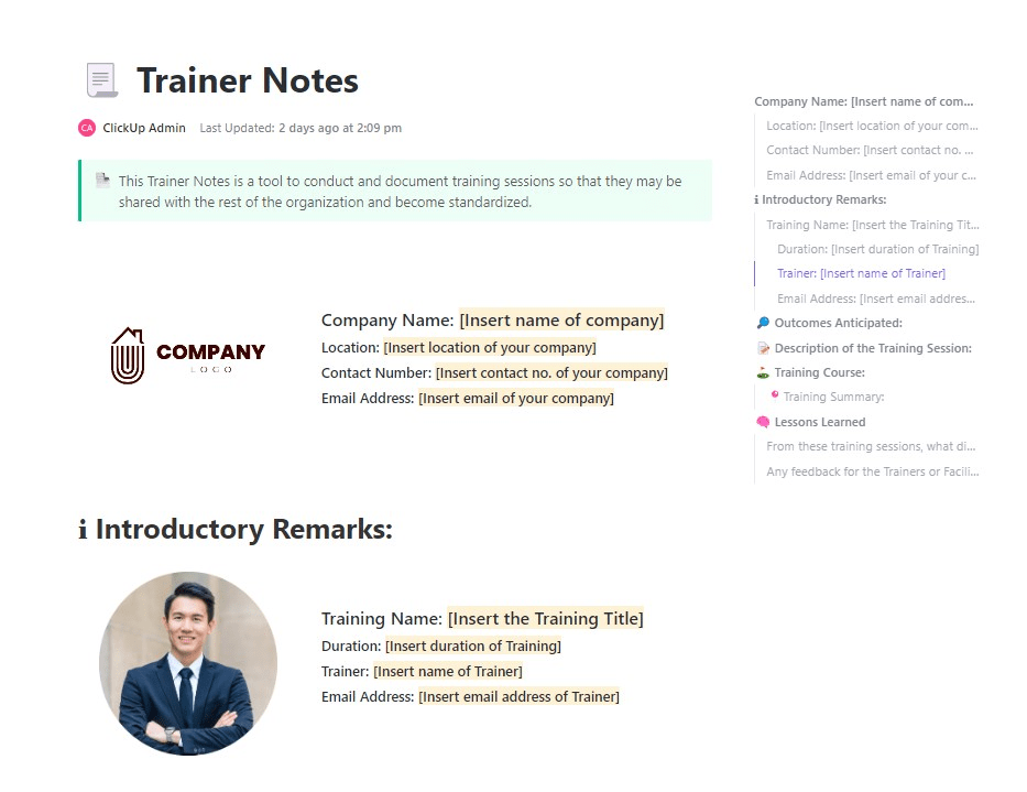 ClickUp Trainer Notes Template