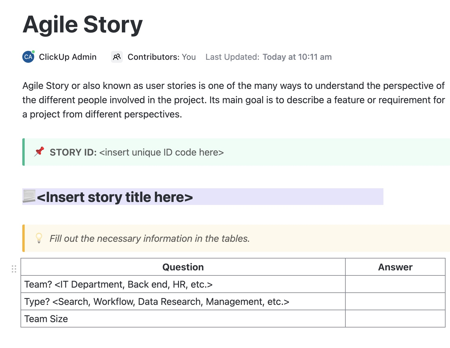 ClickUp Agile Story Template