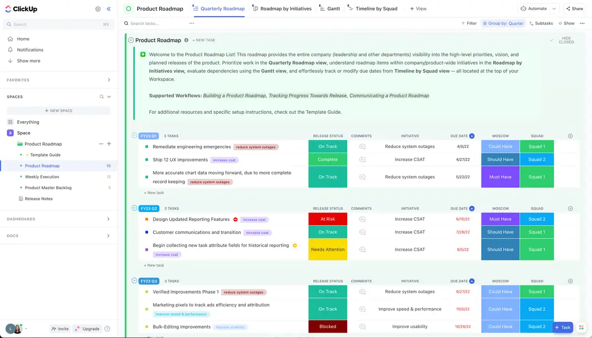 ClickUp Product Roadmap Template