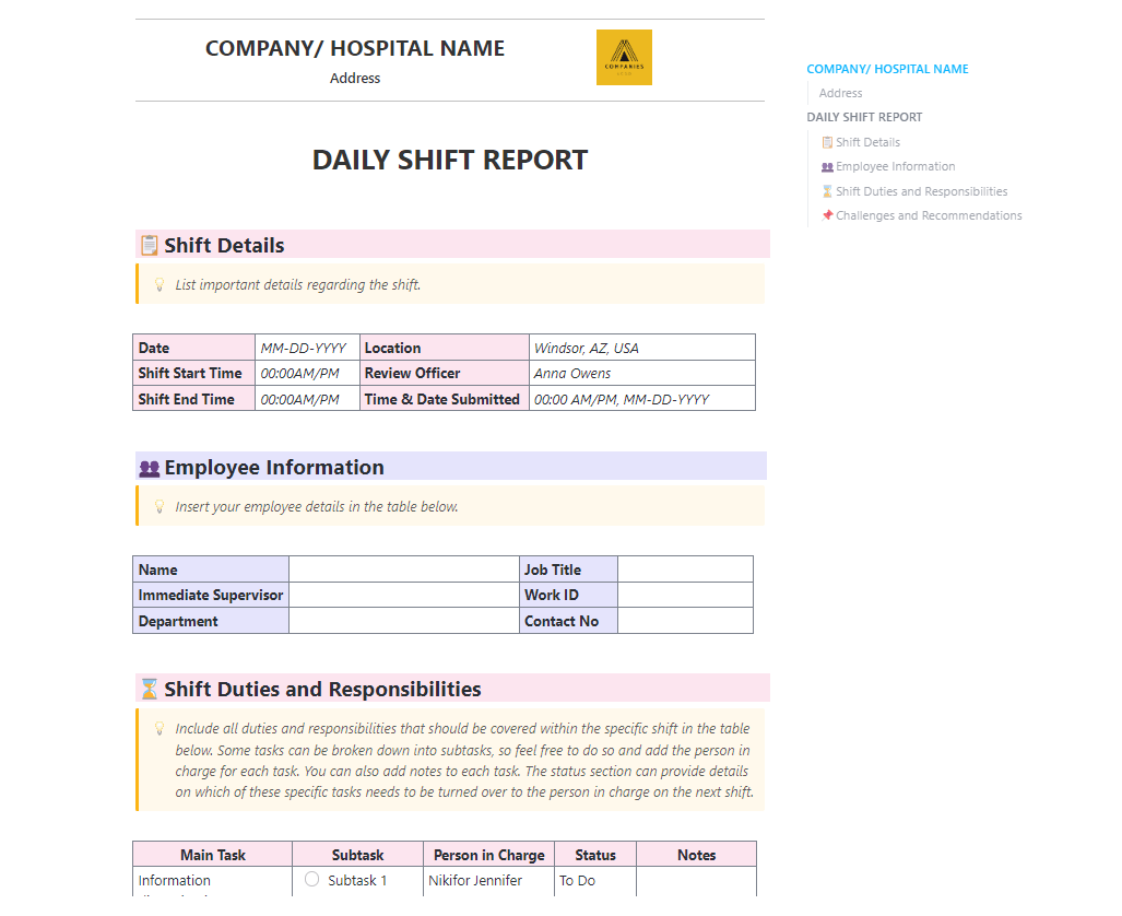 Daily Shift Report