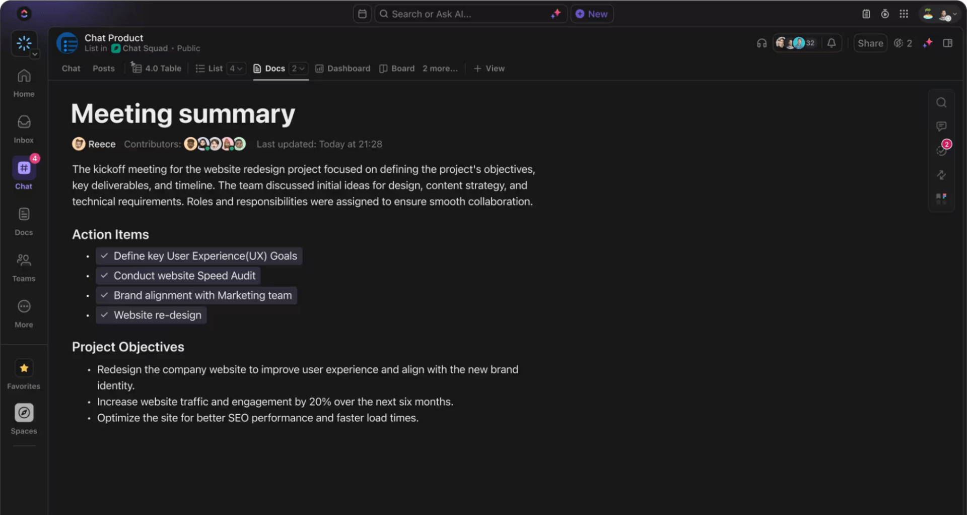 Manage all Tasks, Docs, and conversations in one place with ClickUp Chat