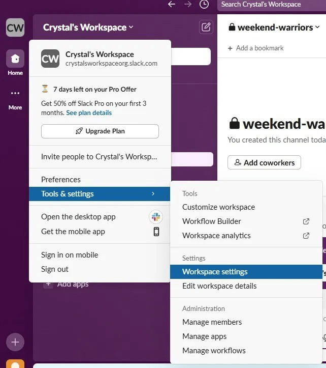 How to use Slack AI: Hover over Tools & settings and select Workspace settings