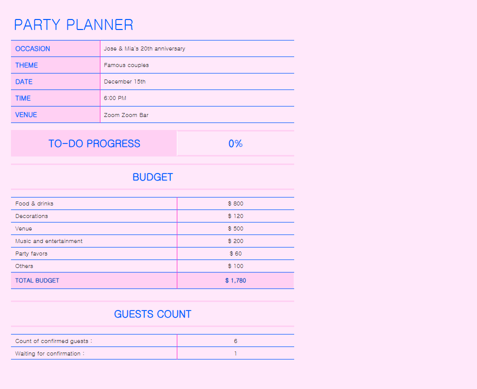 Party Event Planning Template Excel by Microsoft