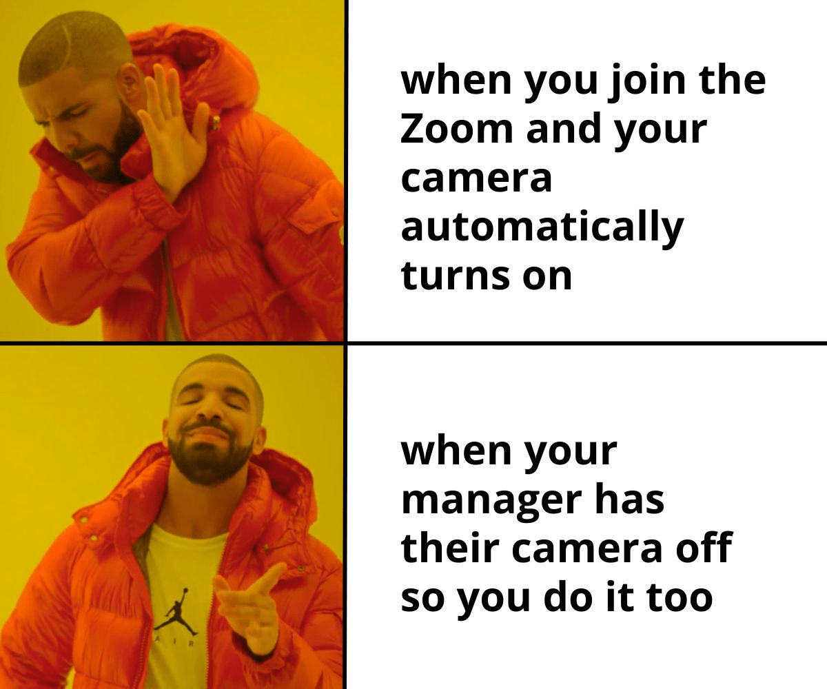 Switching on camera during a zoom meeting meme