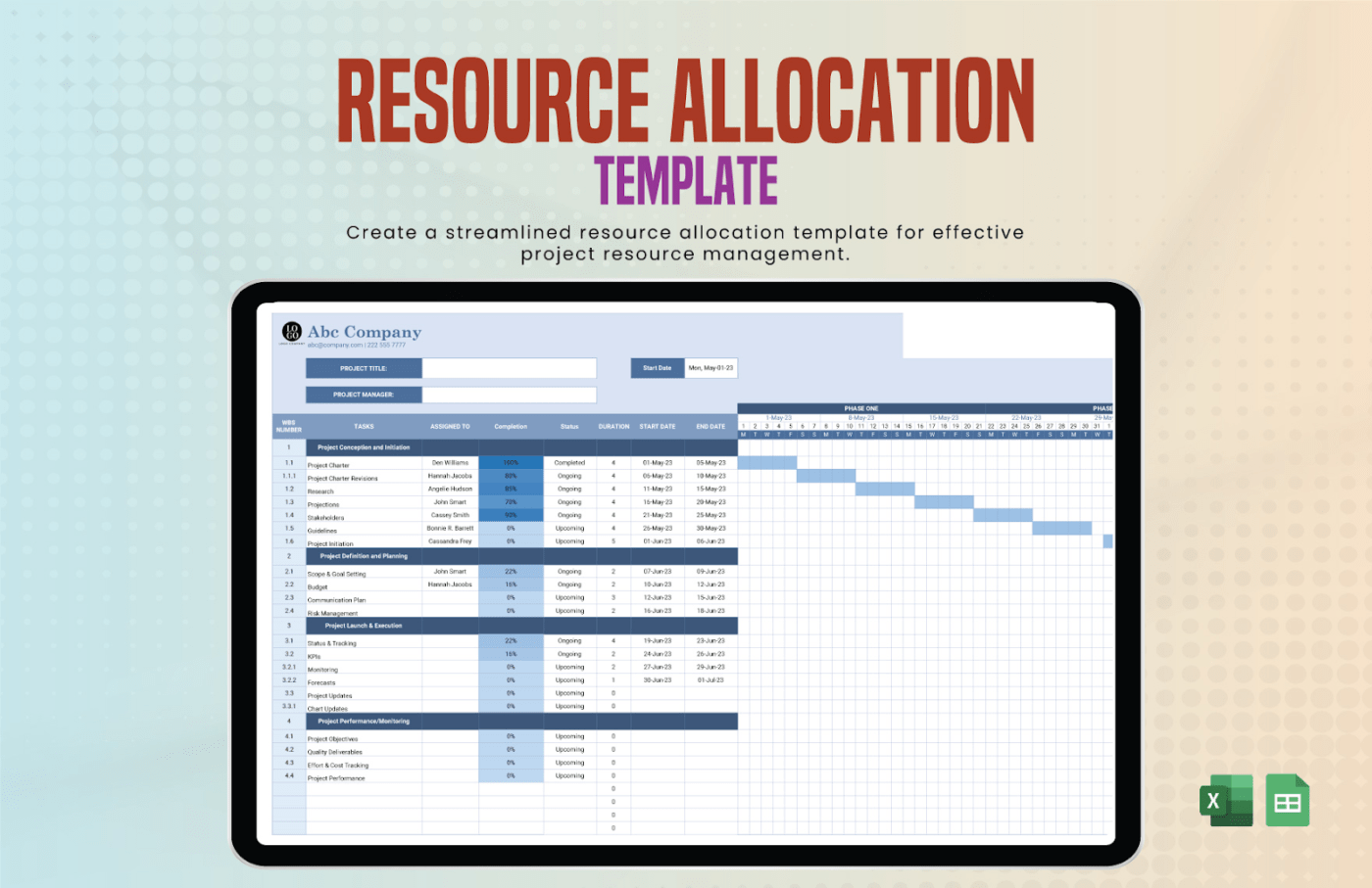 Google Sheets Project Management template: Resource allocation