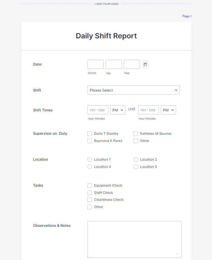 Daily Shift Report Template by Jotform