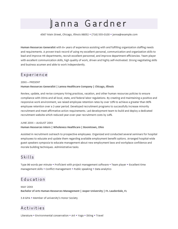 HR Chronological Resume Template by Microsoft