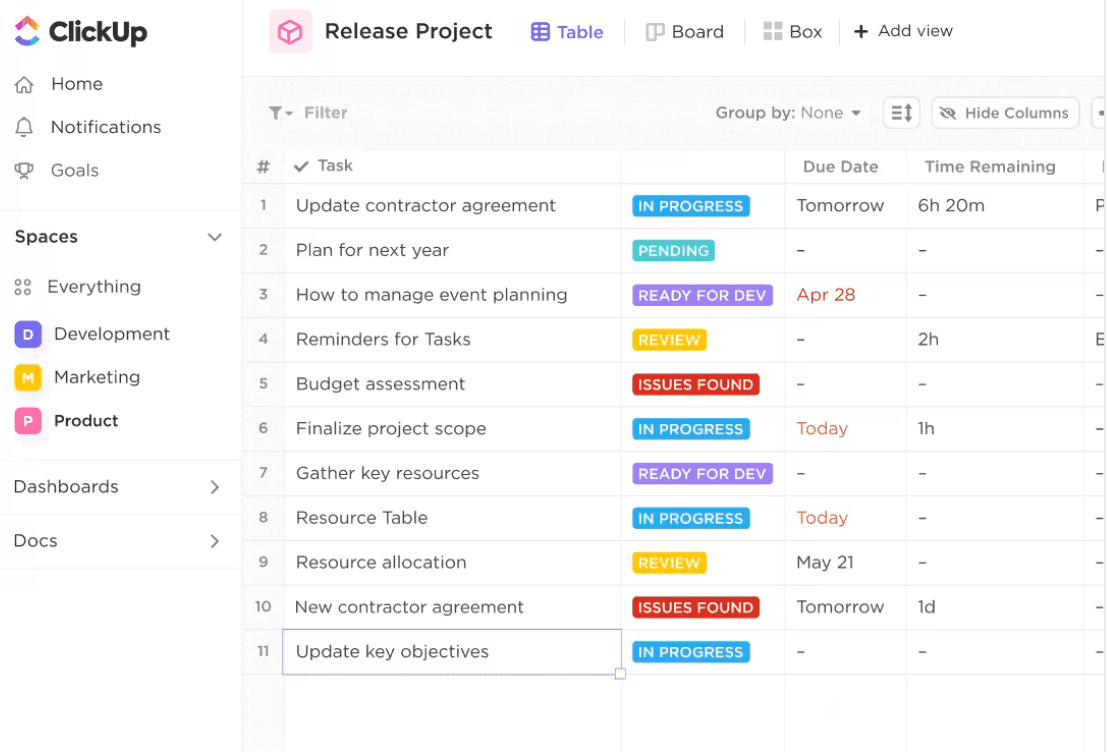 ClickUp’s Table View